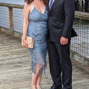 Gray blue lace open back cocktail dress